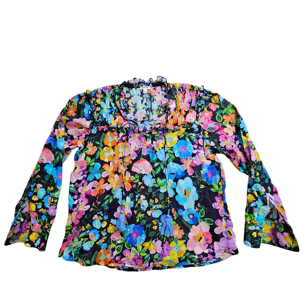 Johnny Was Blouse M Wild Bloom Ruffle Yok Blouse Boho-Chic Top Tassells Flowy